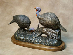 "Dinner for Two" Tom and hen turkeys on log - Bronze